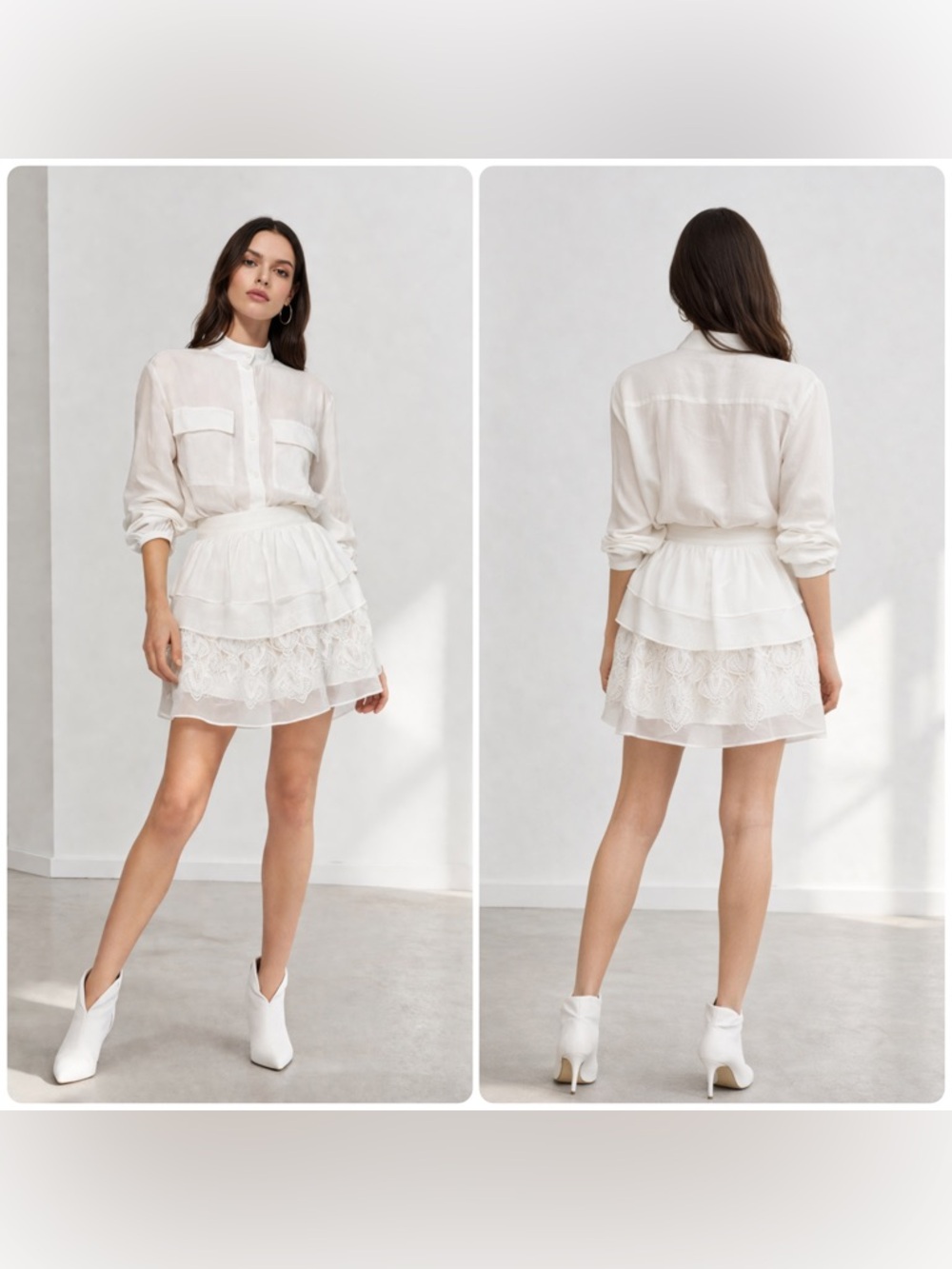 New! IRO Paris Mugue Tiered Macrame-Paneled Georgette Mini Skirt 🤍 Medium NWT!